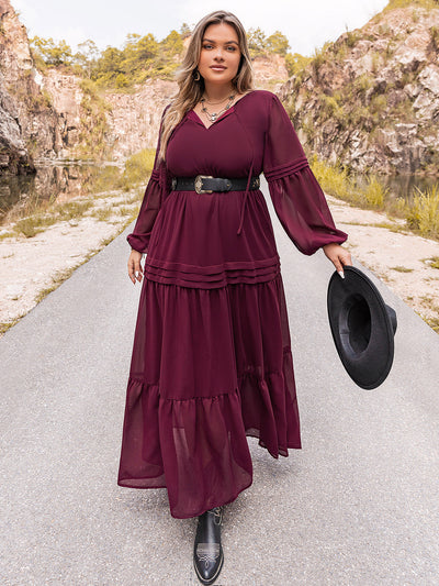 Plus Size Tie Neck Balloon Sleeve Tiered Dress