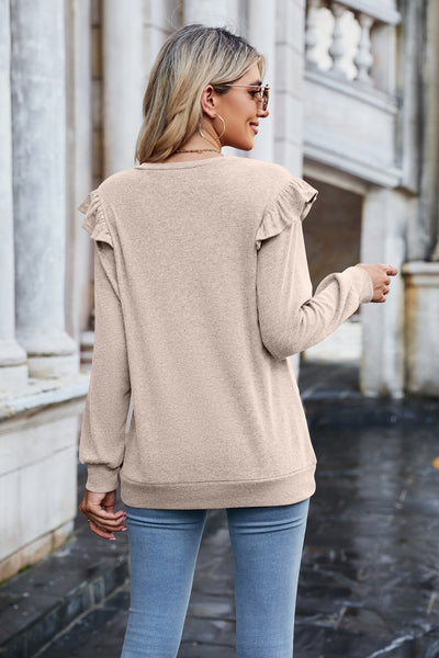 Ruffle Shoulder V-Neck Long Sleeve Top