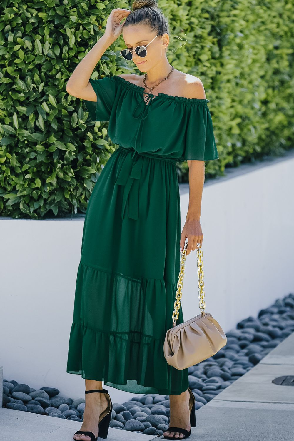 Tie Front Off-Shoulder Belted Tiered Maxi Dress - Classy Fashion Chic