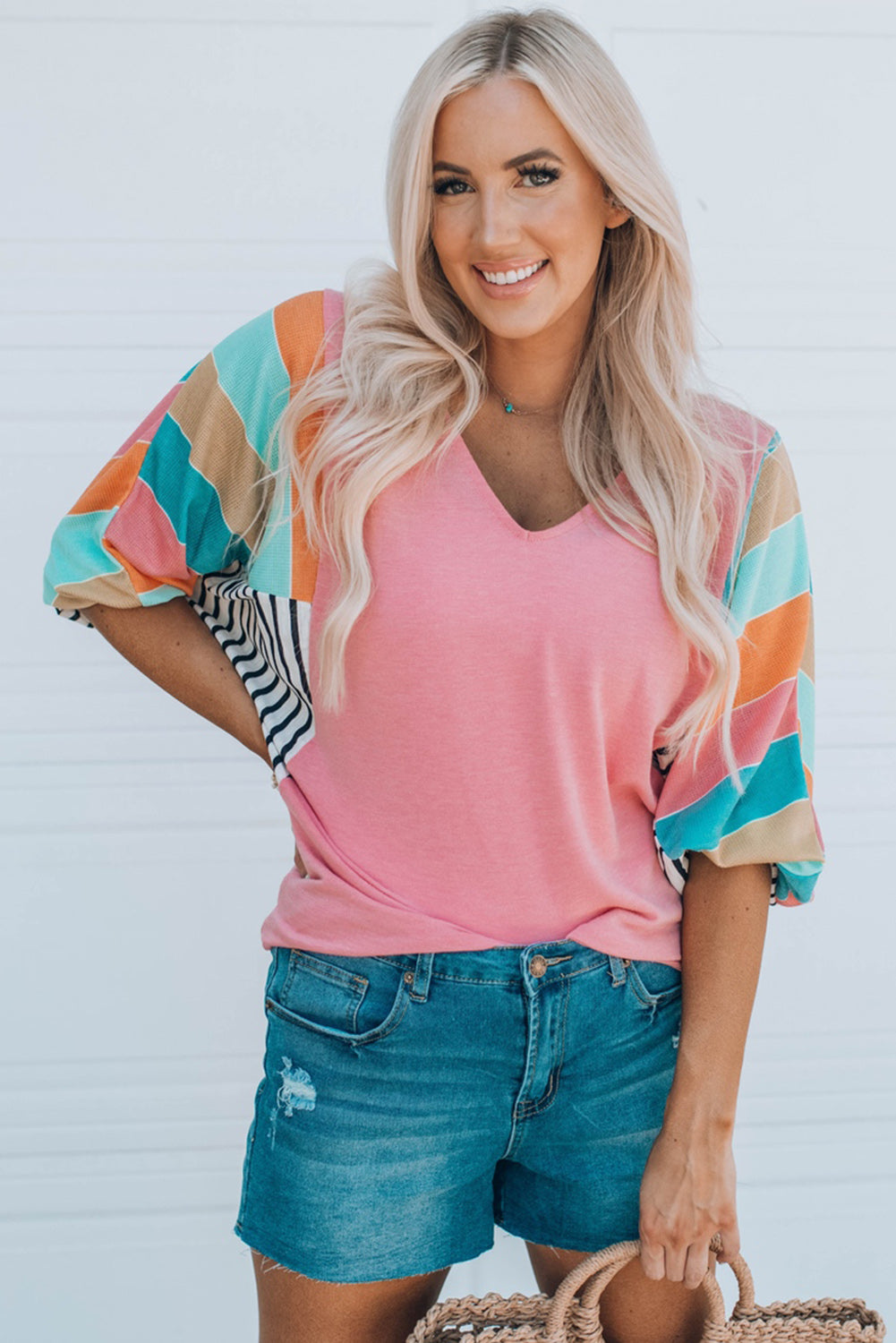 Striped Dolman Sleeve V-Neck Top - Classy Fashion Chic