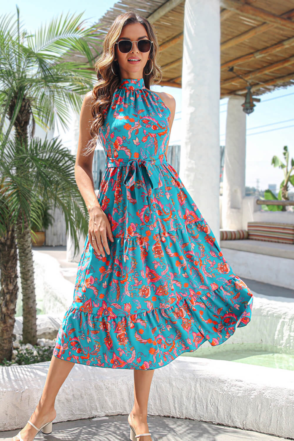 Floral Tiered Belted Grecian Midi Dress - Classy Fashion Chic