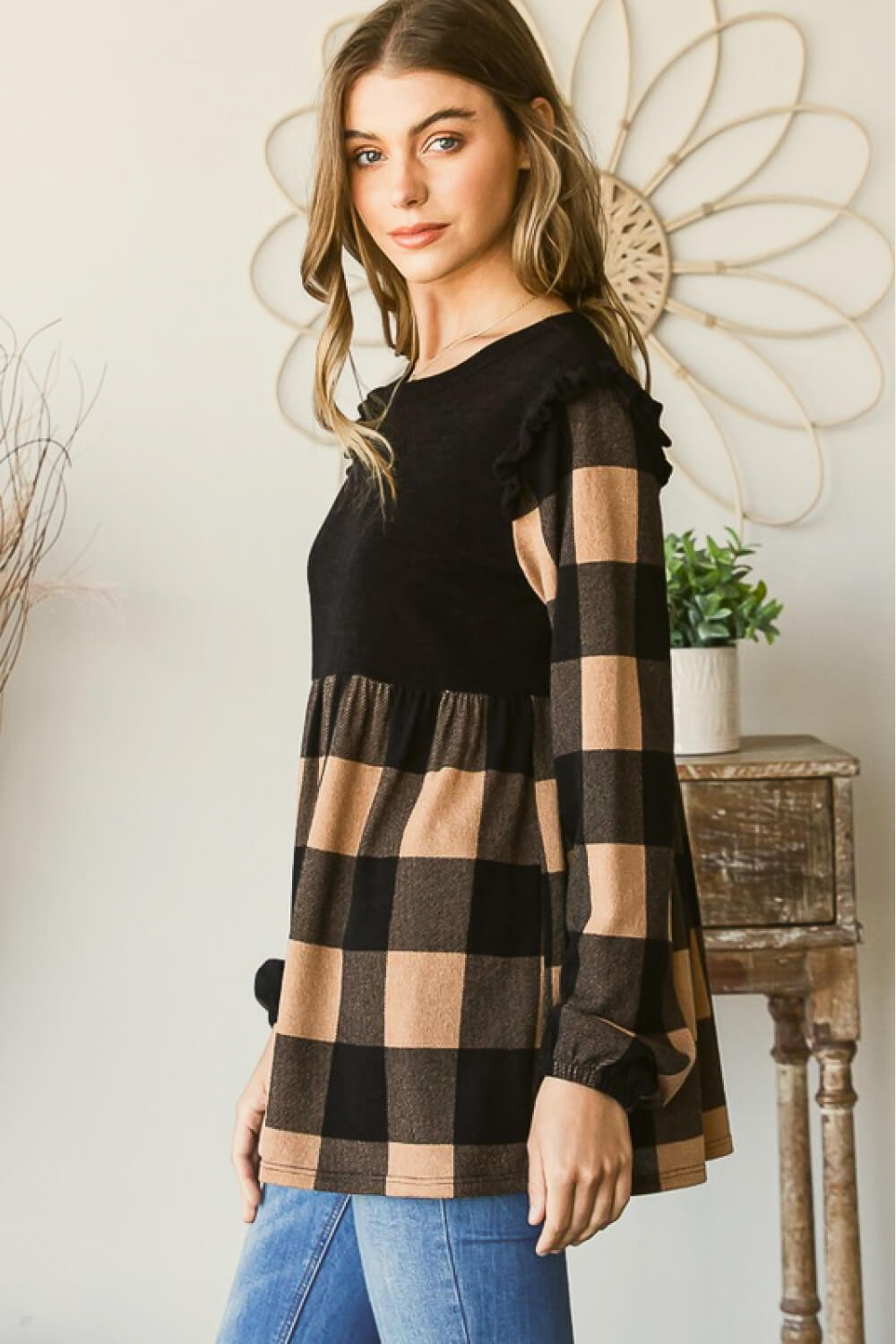 Full Size Plaid Contrast Ruffle Shoulder Babydoll Top in Black/Mocha