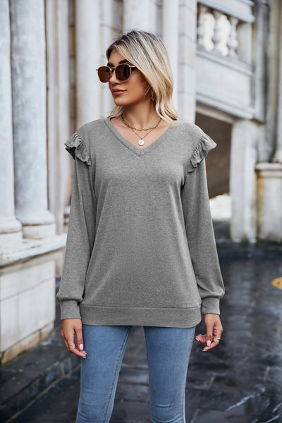 Ruffle Shoulder V-Neck Long Sleeve Top