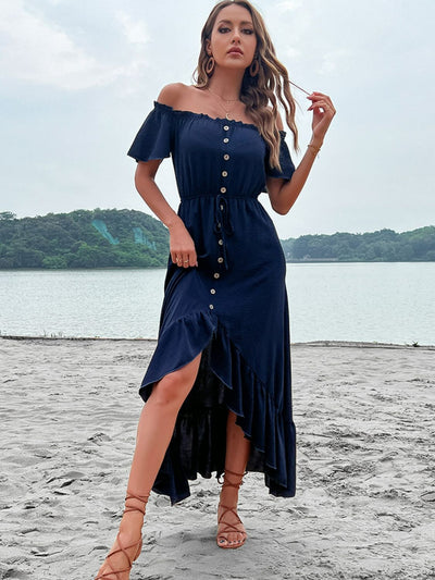 Off-Shoulder Decorative Button Ruffle Hem Dress - Classy Fashion Chic