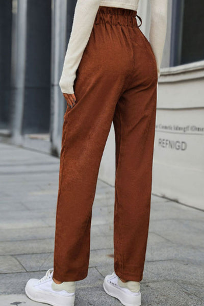 Paperbag Waist Straight Leg Pants with Pockets - Classy Fashion Chic