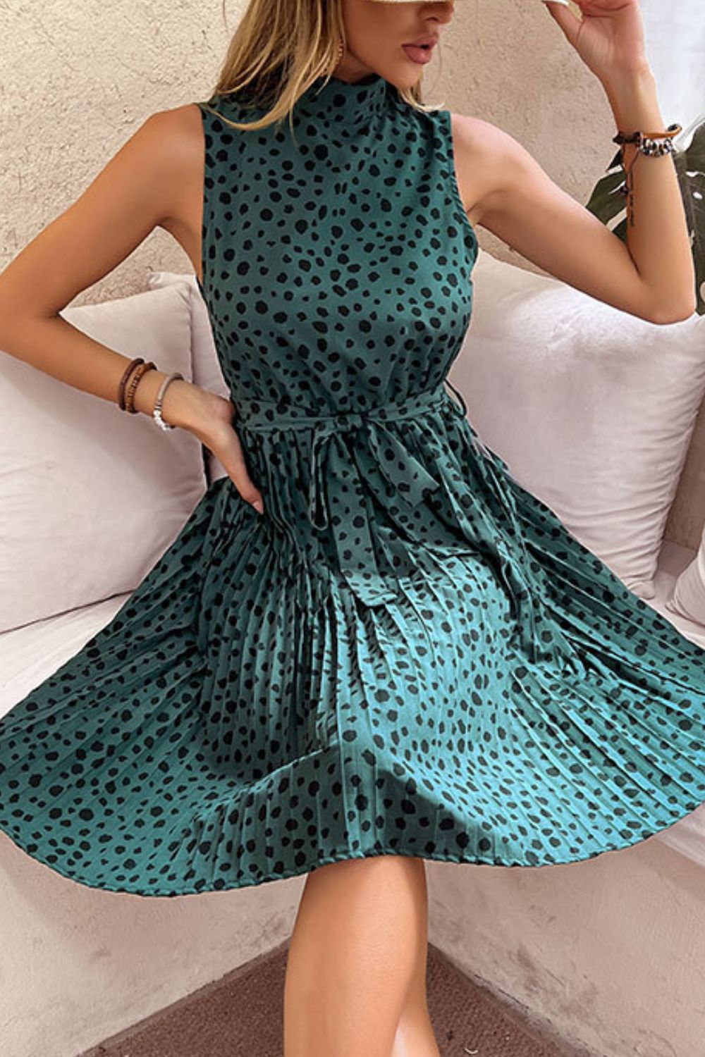 Printed Sleeveless Mock Neck Pleated Dress - Classy Fashion Chic