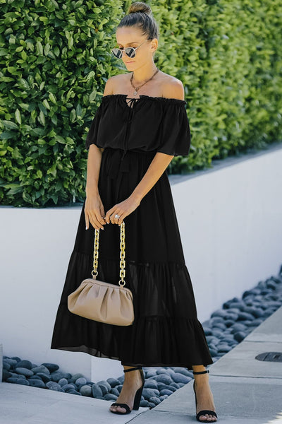 Tie Front Off-Shoulder Belted Tiered Maxi Dress - Classy Fashion Chic