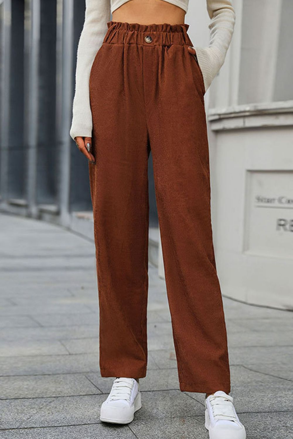Paperbag Waist Straight Leg Pants with Pockets - Classy Fashion Chic