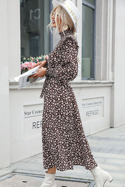Floral Mock Neck Tie Waist Midi Dress - Classy Fashion Chic