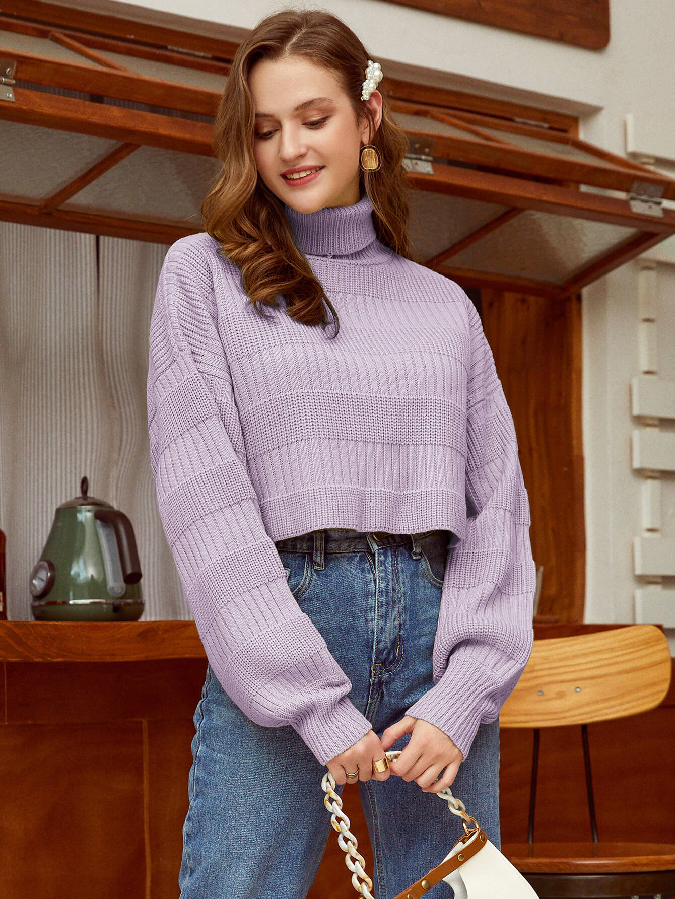 Lantern Sleeve Rib-Knit Turtleneck Cropped Sweater