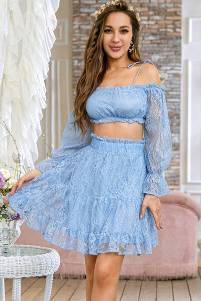 Lace Flounce Sleeve Cropped Top and Frill Trim Skirt Set - Classy Fashion Chic