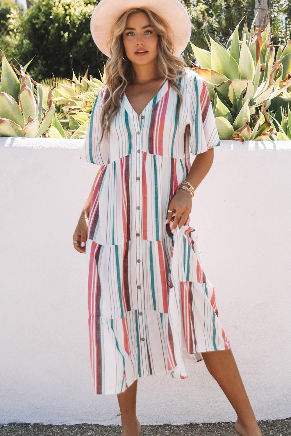 Striped Button Front Flutter Sleeve Tiered Shirt Dress - Classy Fashion Chic