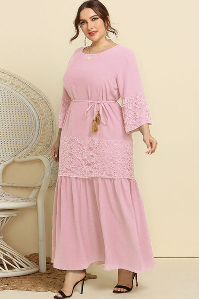 Plus Size Spliced Lace Tassel Belted Dress