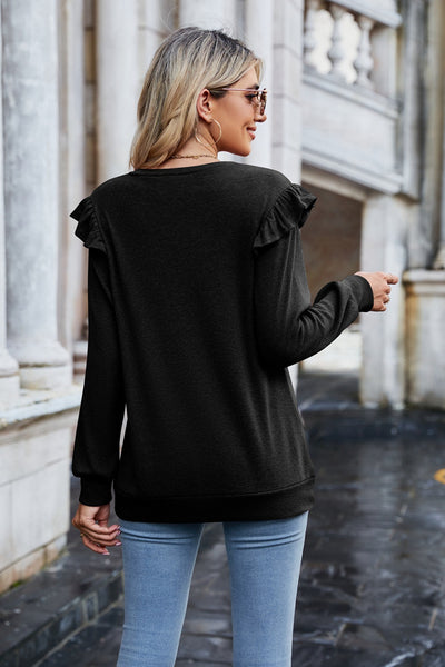 Ruffle Shoulder V-Neck Long Sleeve Top