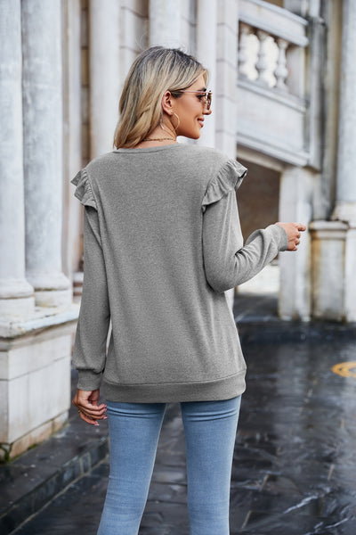 Ruffle Shoulder V-Neck Long Sleeve Top