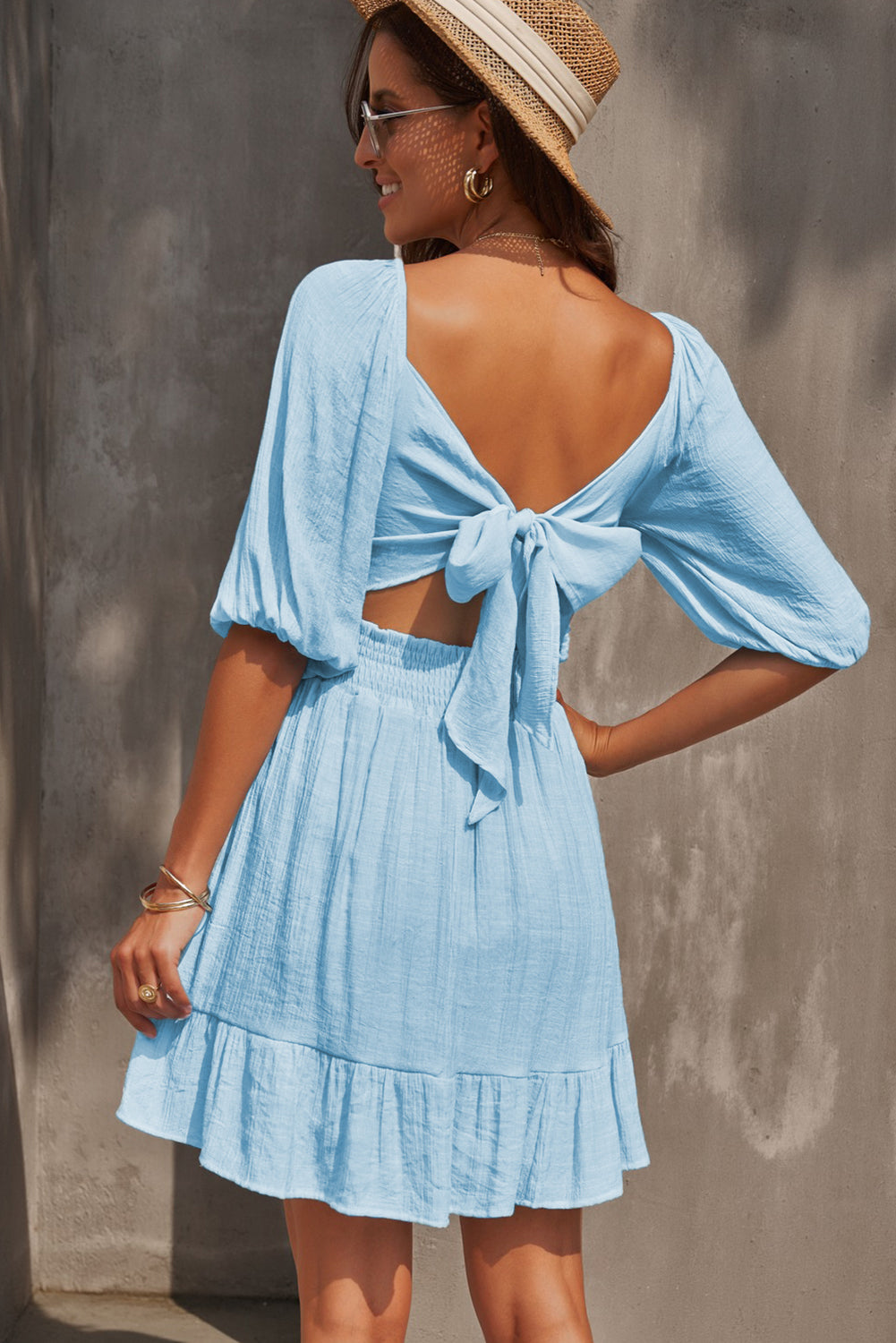 Tie-Back Ruffled Hem Square Neck Mini Dress - Classy Fashion Chic