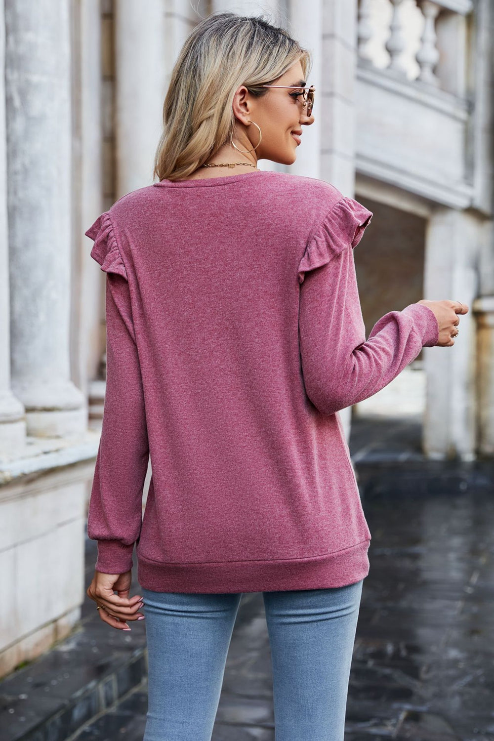 Ruffle Shoulder V-Neck Long Sleeve Top