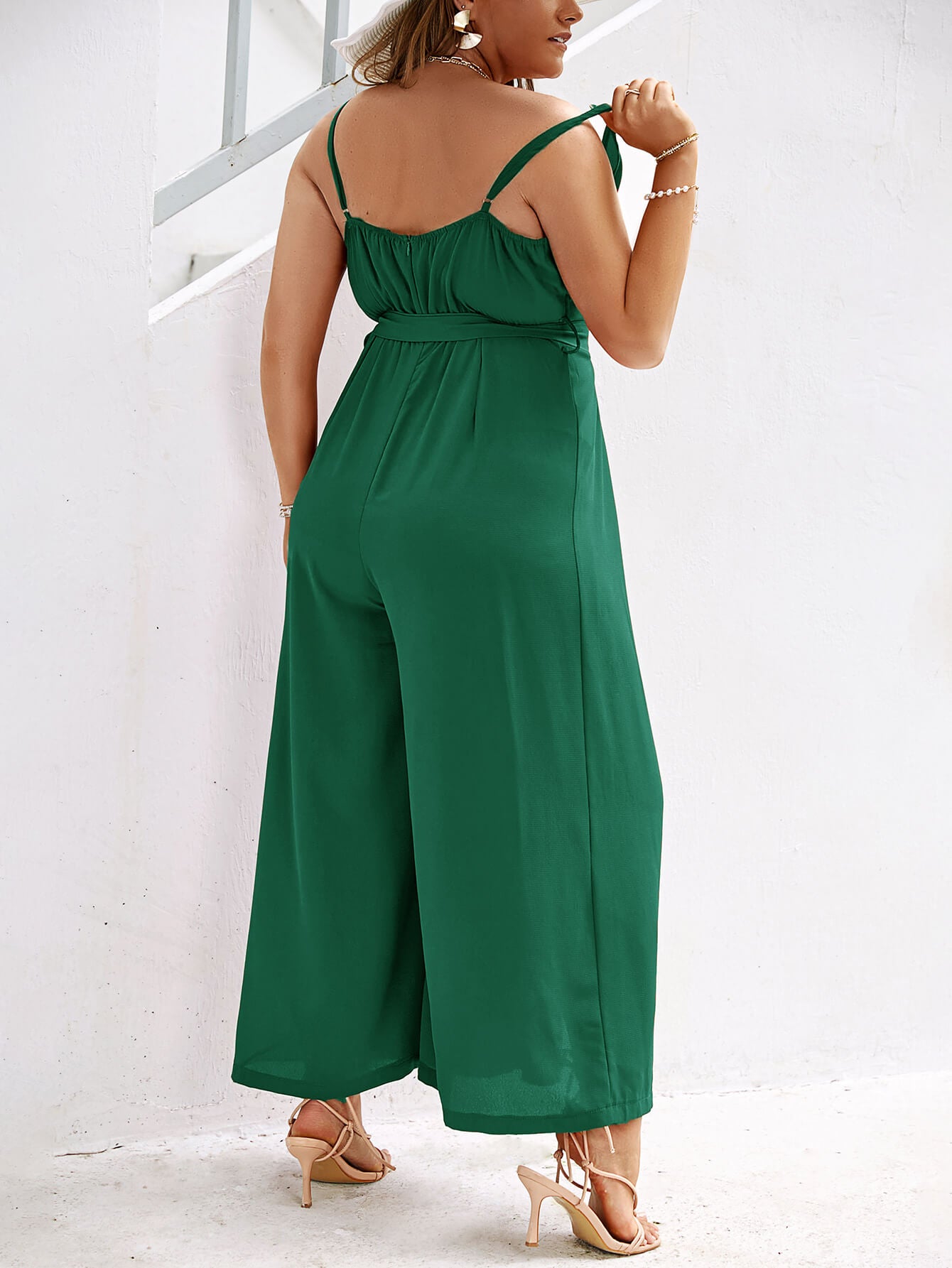 Plus Size Belted Split Spaghetti Strap Pleated Jumpsuit - Classy Fashion Chic