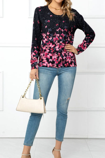 Floral Button Front Round Neck Cardigan