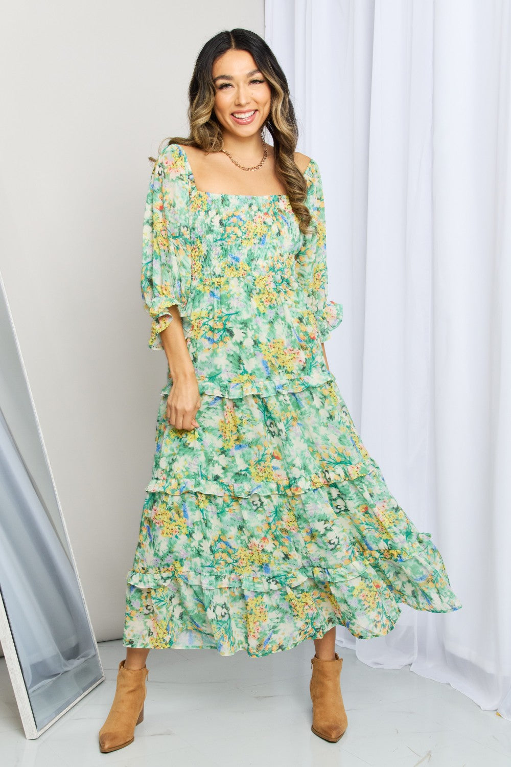 Floral Frill Trim Square Neck Midi Dress