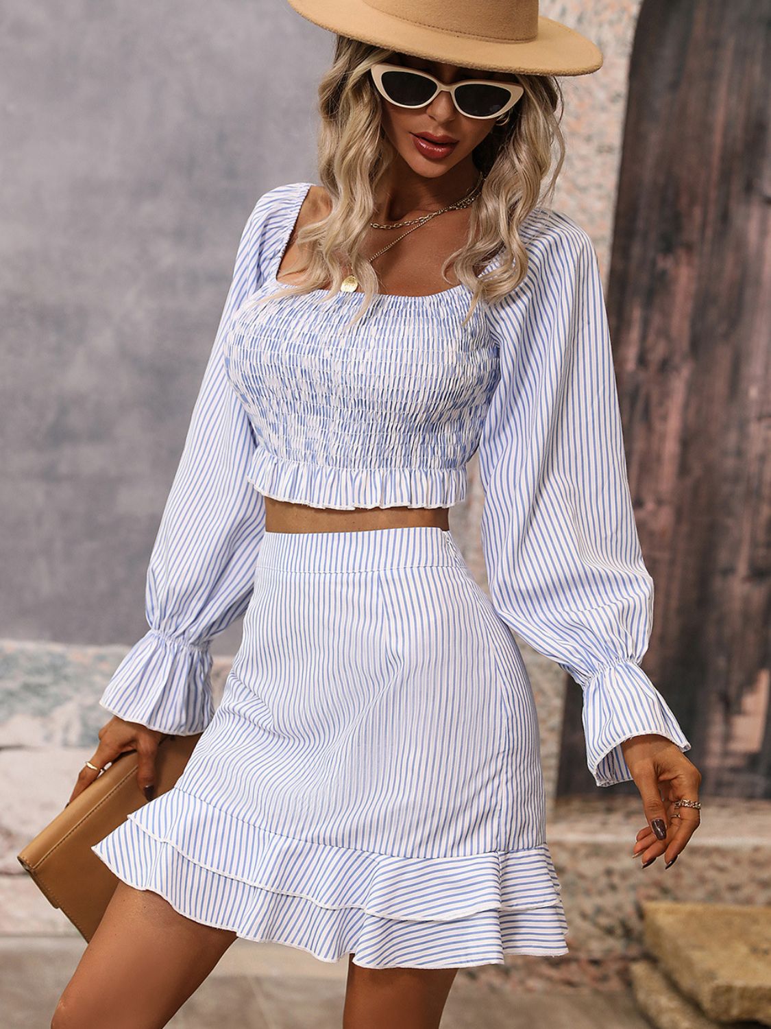 Striped Smocked Square Neck Cropped Top and Mini Skirt Set - Classy Fashion Chic