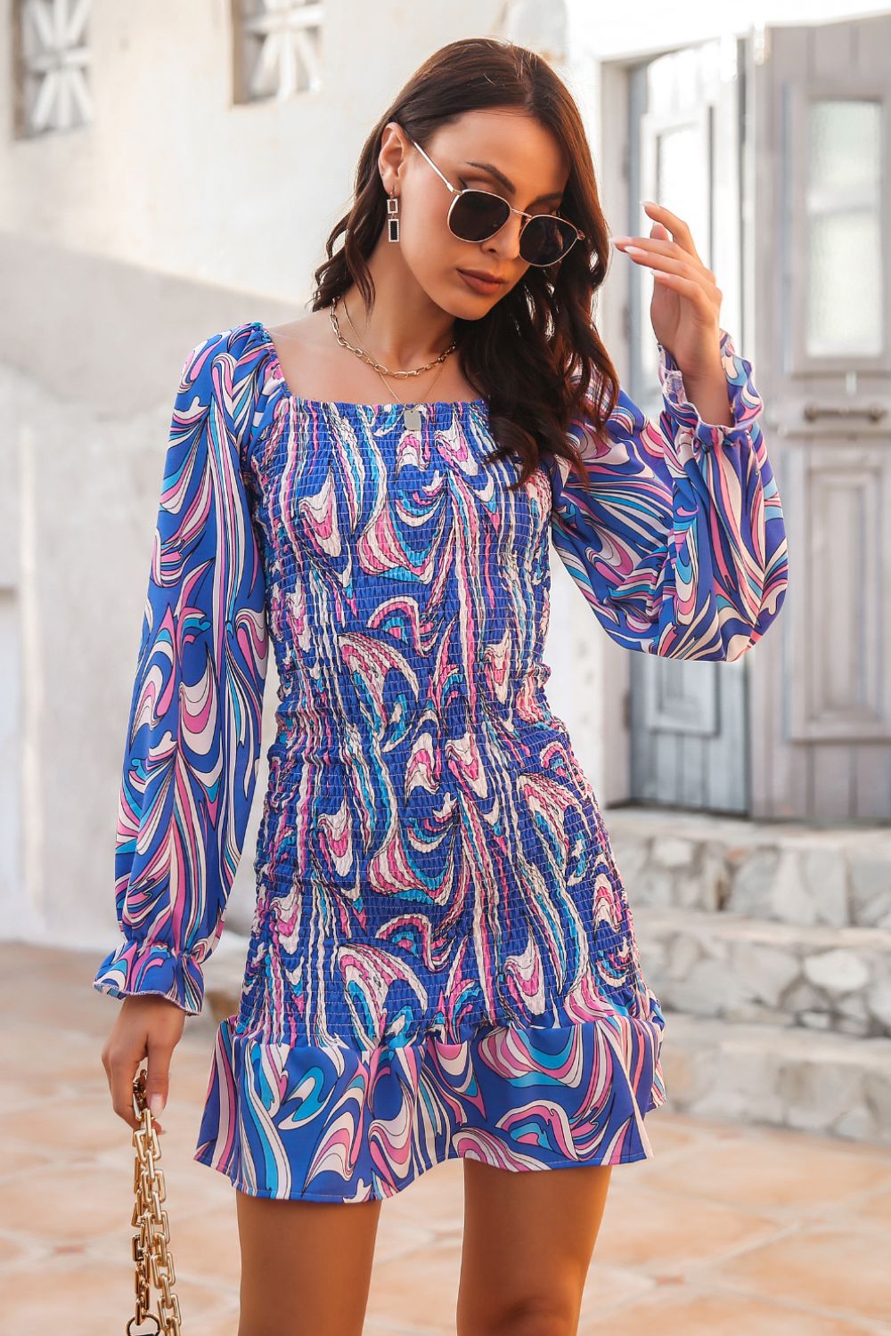 Abstract Print Square Neck Smocked Dress