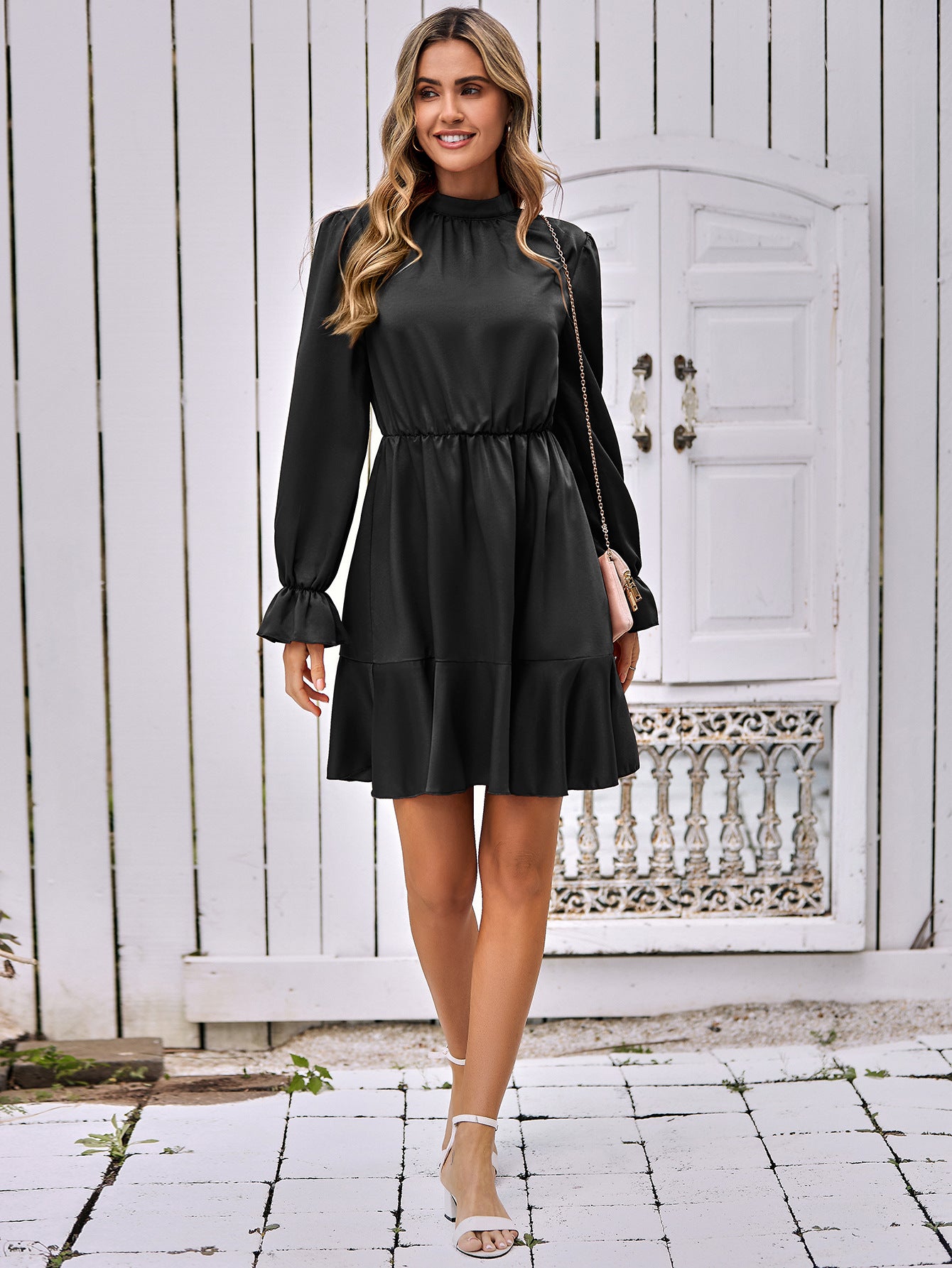 Mock Neck Flounce Sleeve Mini Dress - Classy Fashion Chic
