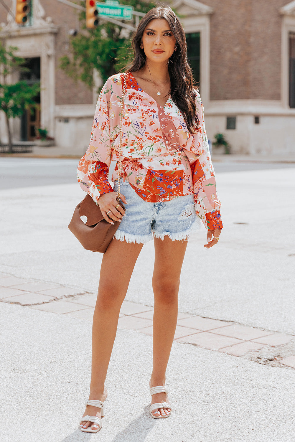 Floral Patchwork Tied Long Sleeve Blouse - Classy Fashion Chic