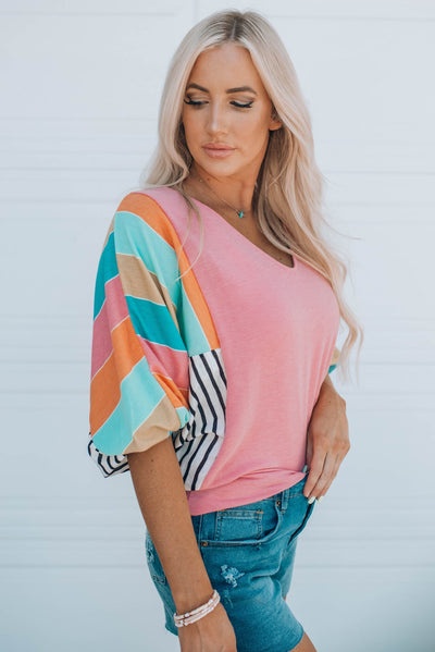 Striped Dolman Sleeve V-Neck Top - Classy Fashion Chic