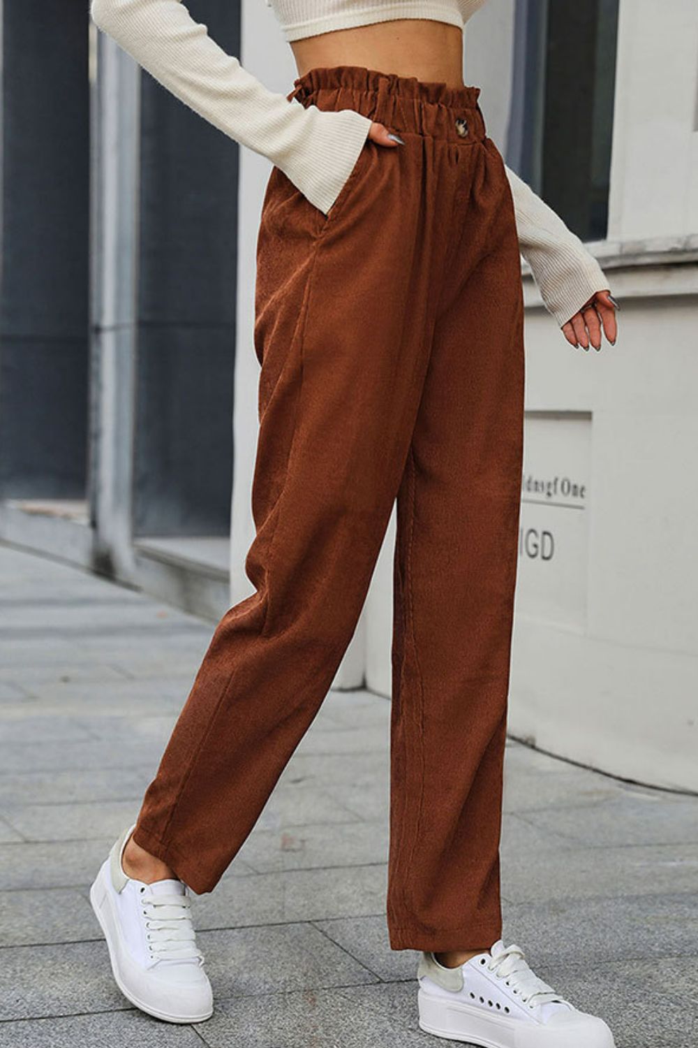 Paperbag Waist Straight Leg Pants with Pockets - Classy Fashion Chic