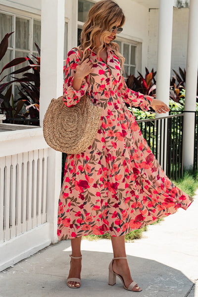 Floral Tie Neck Flounce Sleeve Tiered Dress - Classy Fashion Chic