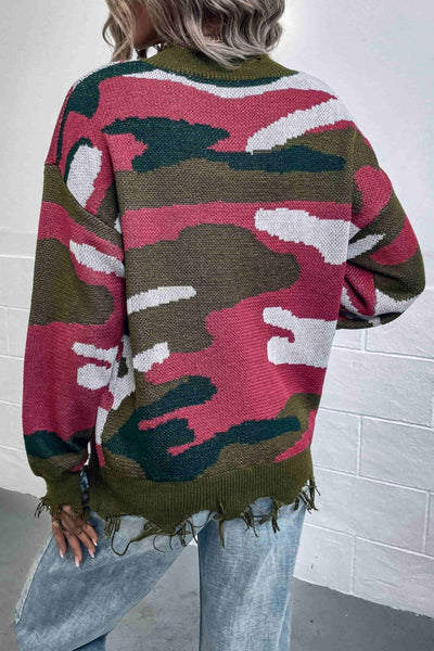 Multicolored V-Neck Distressed Drop Shoulder Sweater