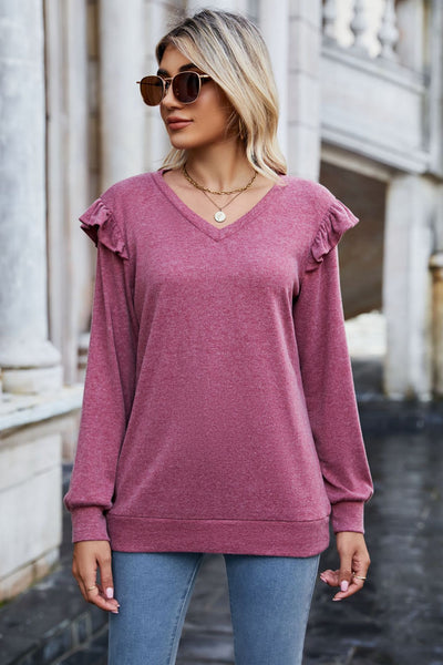 Ruffle Shoulder V-Neck Long Sleeve Top