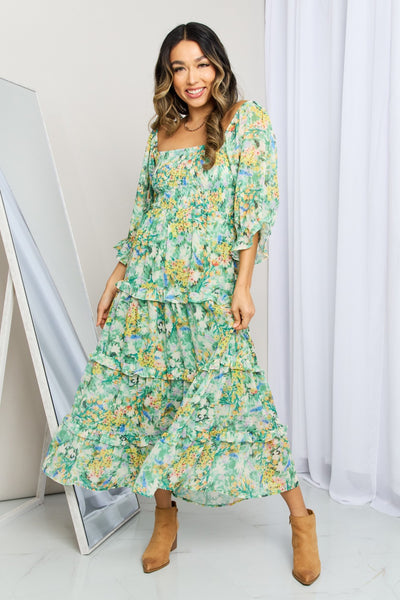 Floral Frill Trim Square Neck Midi Dress