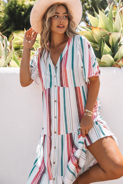Striped Button Front Flutter Sleeve Tiered Shirt Dress - Classy Fashion Chic