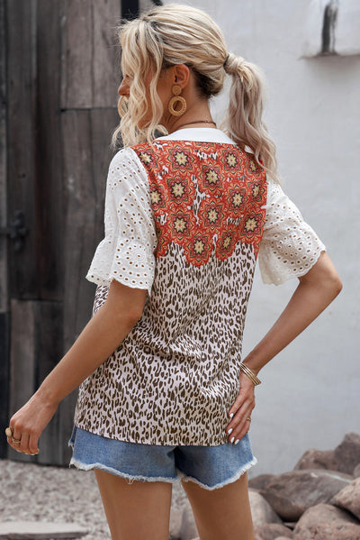 Mixed Print Eyelet Flounce Sleeve Buttoned Top - Classy Fashion Chic