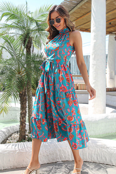 Floral Tiered Belted Grecian Midi Dress - Classy Fashion Chic