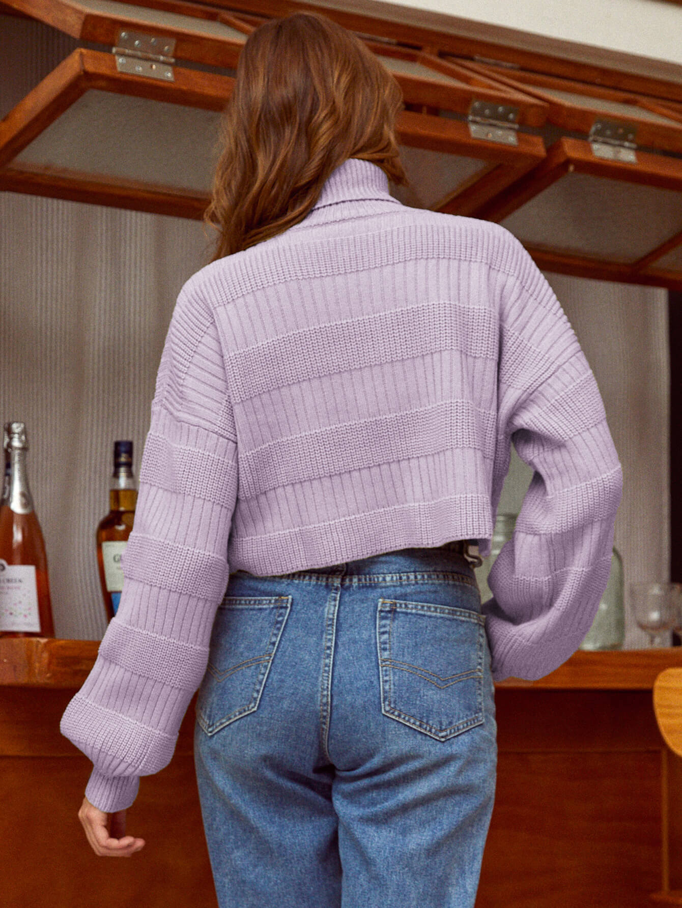 Lantern Sleeve Rib-Knit Turtleneck Cropped Sweater