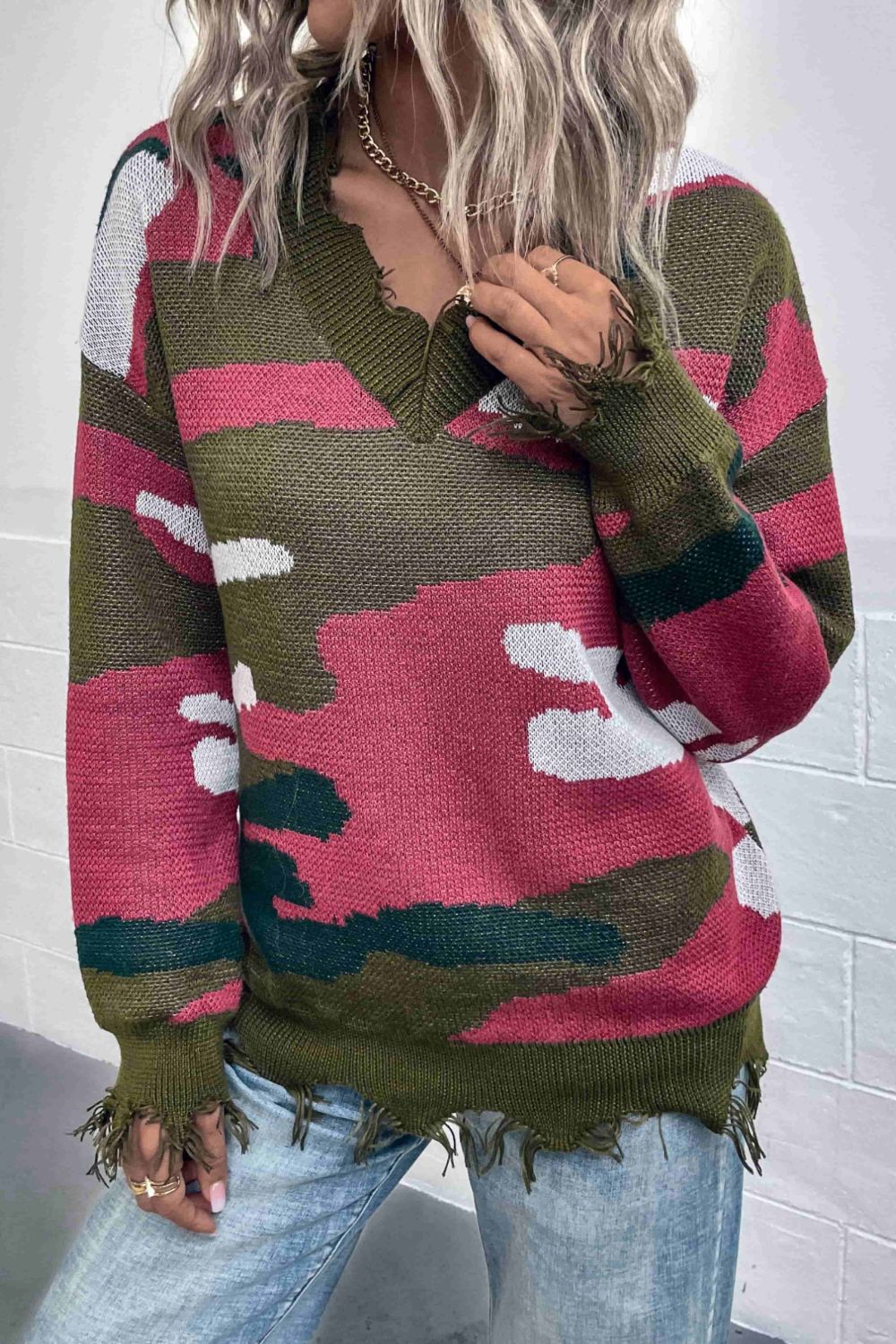 Multicolored V-Neck Distressed Drop Shoulder Sweater