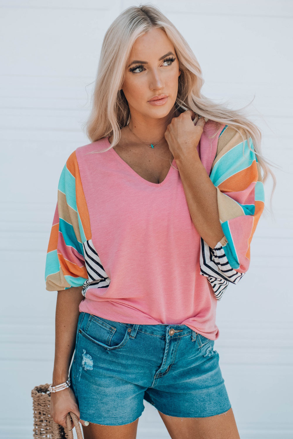 Striped Dolman Sleeve V-Neck Top - Classy Fashion Chic